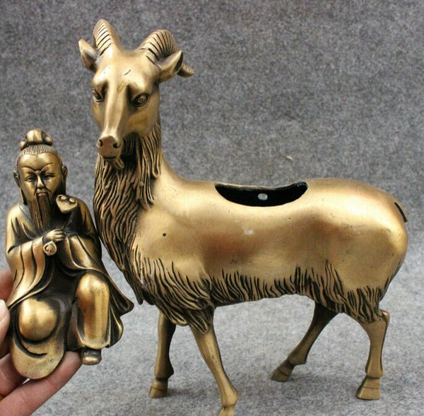 Bronze Goat & Old Man, Lucky Wealth & Happiness Statue